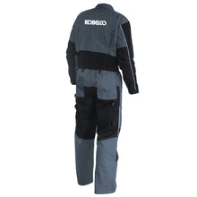Load image into Gallery viewer, Back view of the Kobelco Workwear Overall with wide belt loops and elastic panel on the backside for additional comfort.
