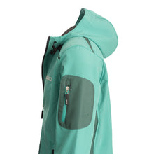 Charger l'image dans la galerie, Side view of wind and rain-proof Green Softshell jacket in Kobelco blue/green colour.