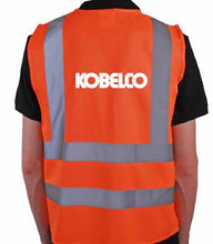 Load image into Gallery viewer, Back view of Kobelco orange Class 3 Hi Vis Safety Vest, which is EN ISO 20471 certified and TœV Rheinland tested.