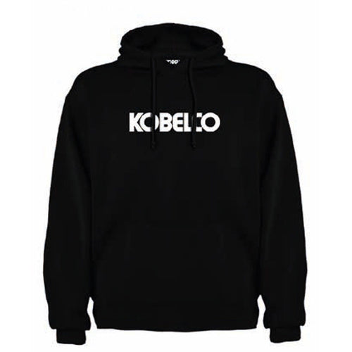 Front view of Kobelco Black Hoody with kangaroo style pocket.