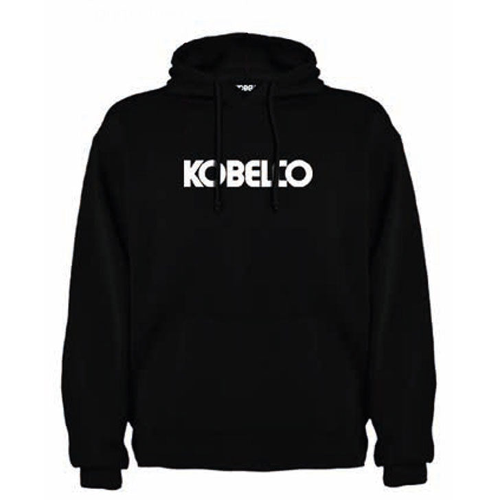 Front view of Kobelco Black Hoody with kangaroo style pocket.