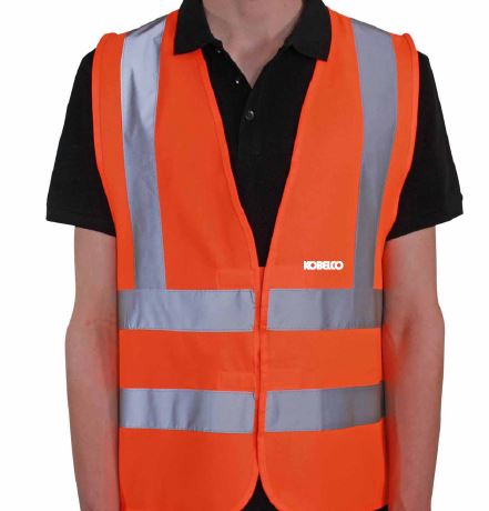 Front view of Kobelco orange Class 3 Hi Vis Safety Vest, which is EN ISO 20471 certified and TœV Rheinland tested. 