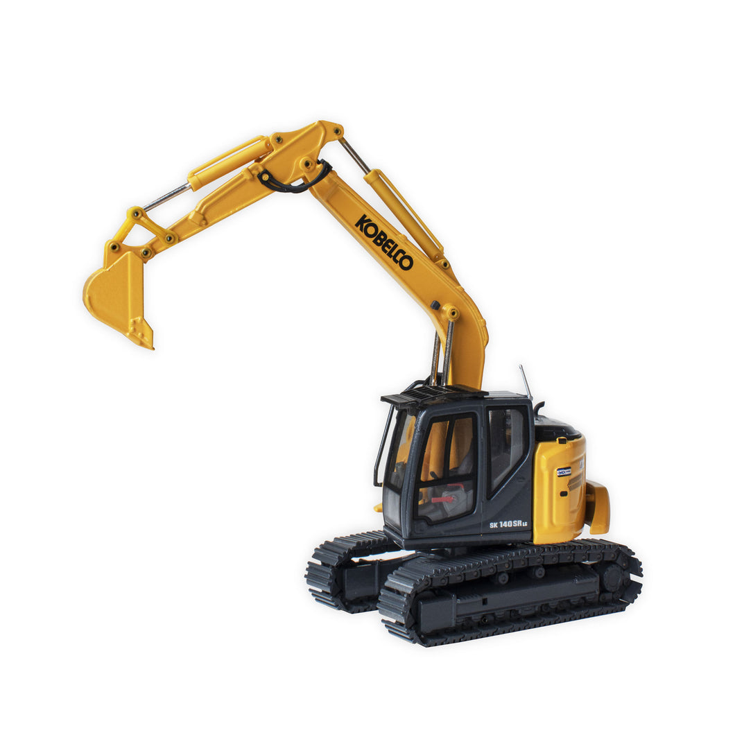 Front view of Kobelco SK140SRLC-7 Scale Model in USA-spec and yellow paint.  