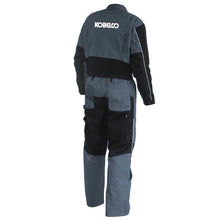 Load image into Gallery viewer, Back view of the Kobelco Workwear Overall with wide belt loops and elastic panel on the backside for additional comfort. 
