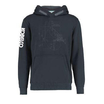 The Kids Hoody features an intricate excavator line drawing design on the chest and a Kobelco logo on the sleeve. 