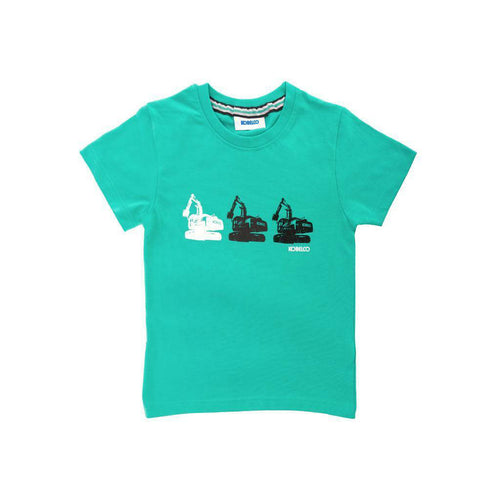 The 100% cotton Kids T-shirt in Kobelco blue/green colour features a machine print on the front. 