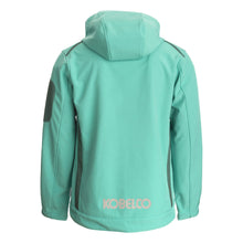 Load image into Gallery viewer, Back view of Green Softshell jacket in Kobelco blue/green colour. 
