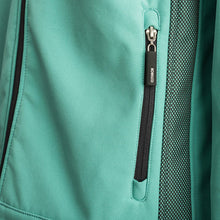 Lade das Bild in den Galerie-Viewer, Detail view of Green Softshell jacket in Kobelco blue/green colour.  
