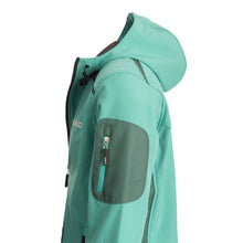 Carica l&#39;immagine nel visualizzatore Galleria, Side view of wind and rain-proof Green Softshell jacket in Kobelco blue/green colour. 

